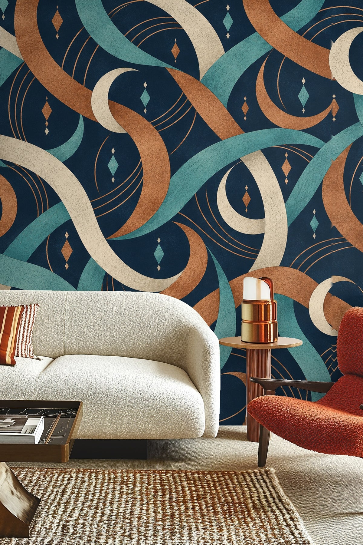 Bedroom featuring copper and teal crescent ribbons wallpaper behind bed headboard