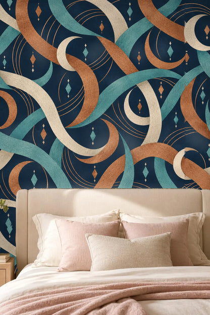 Living room wall with copper and teal crescent ribbons wallpaper and beige sofa