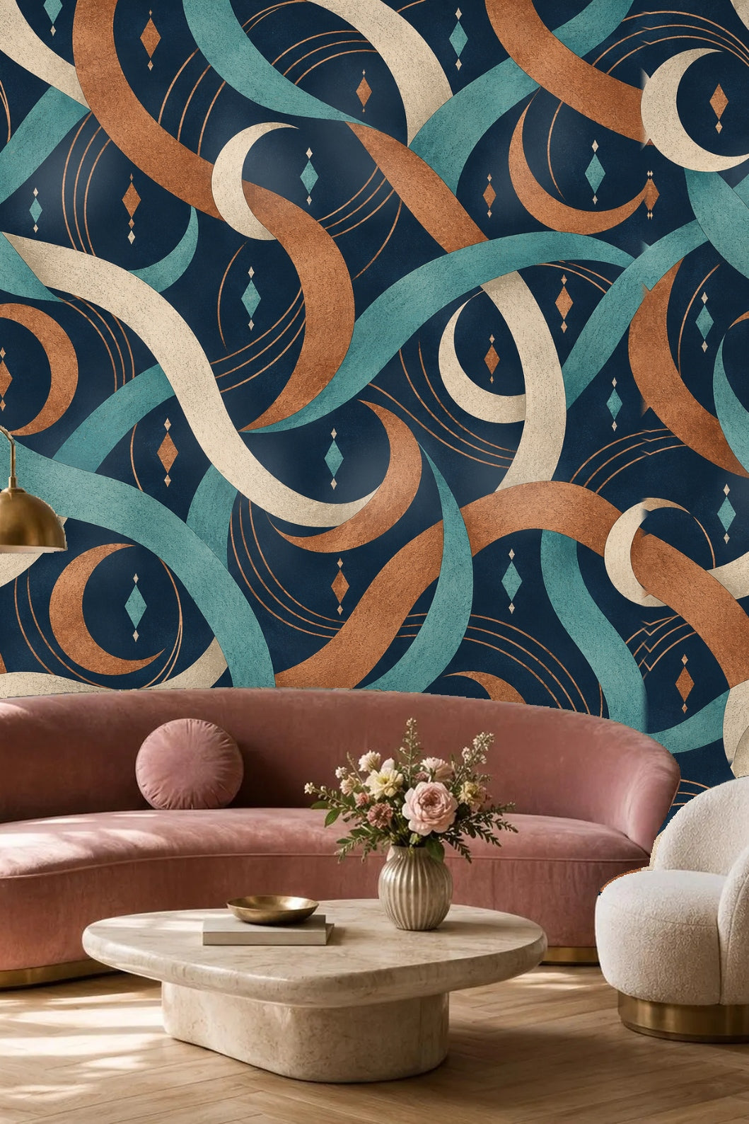 Wallpaper in a living room setting with neutral cushions and wooden coffee table