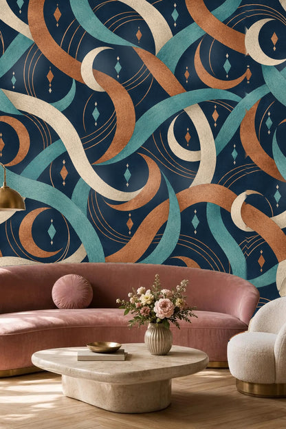 Wallpaper in a living room setting with neutral cushions and wooden coffee table