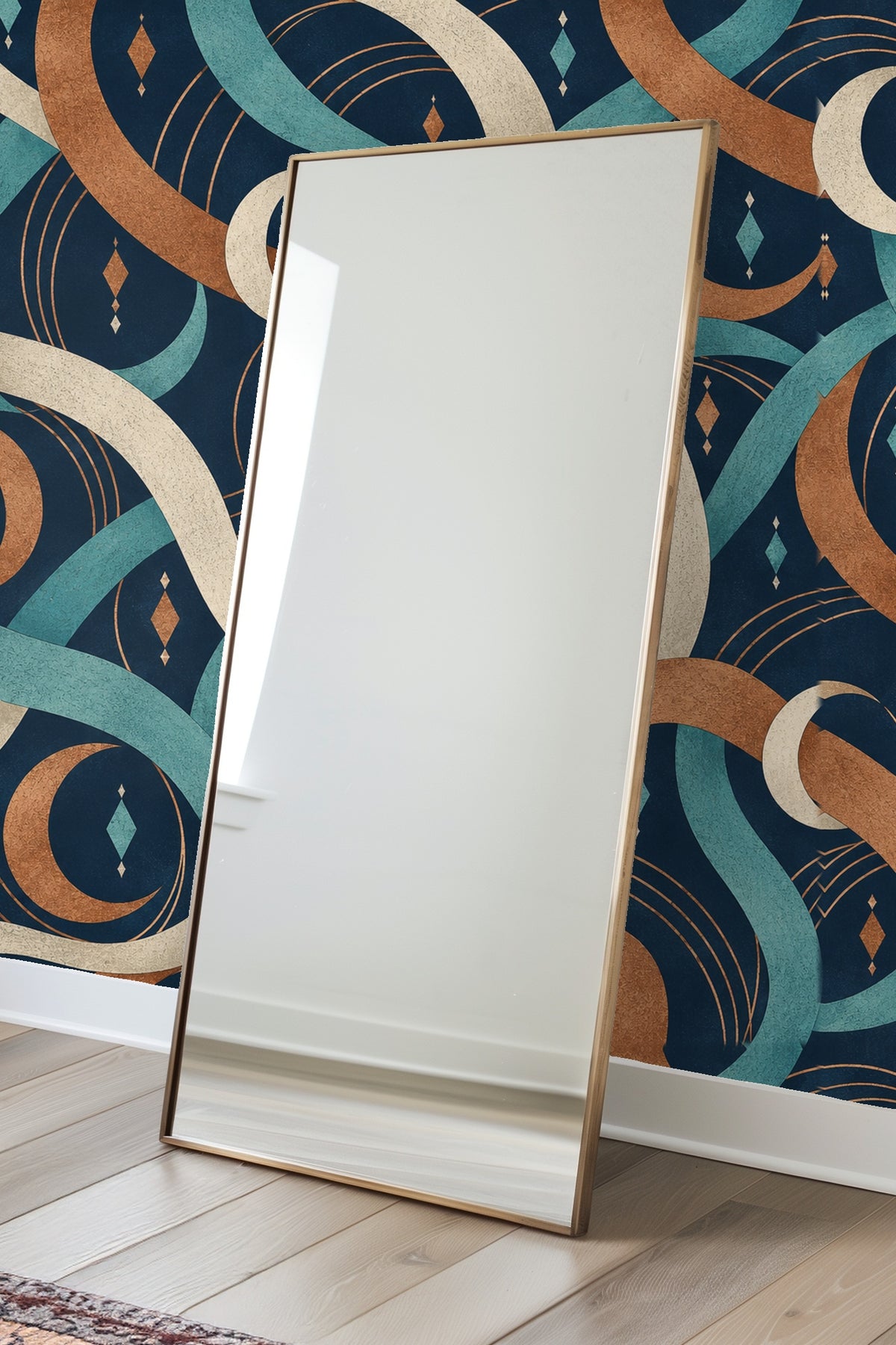 Diamond-shaped motifs in copper, teal, and off-white against dark navy background