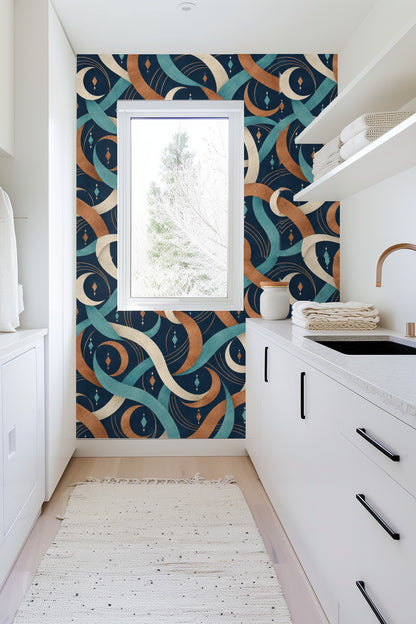 Partial view of wallpaper pattern with overlapping crescent ribbons in copper and teal