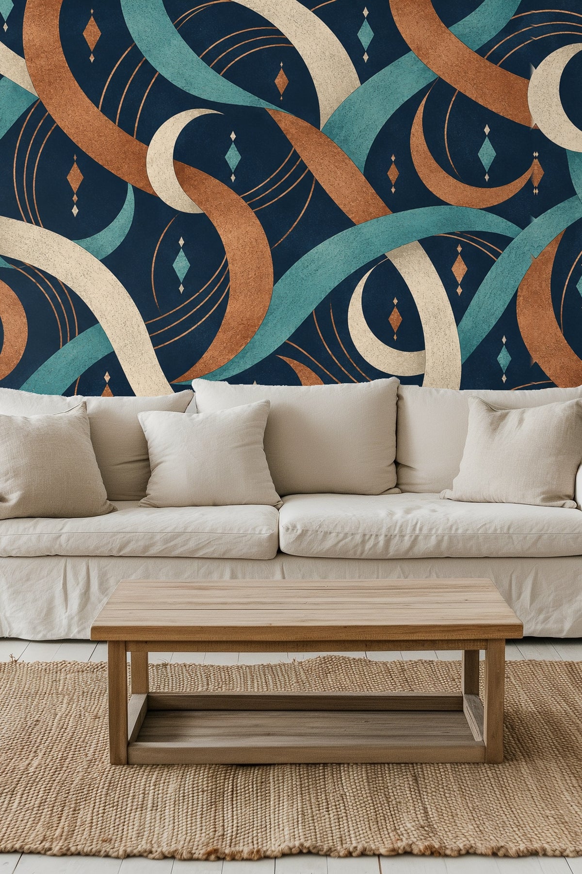 Close-up detail of copper and teal crescent ribbons on navy background wallpaper
