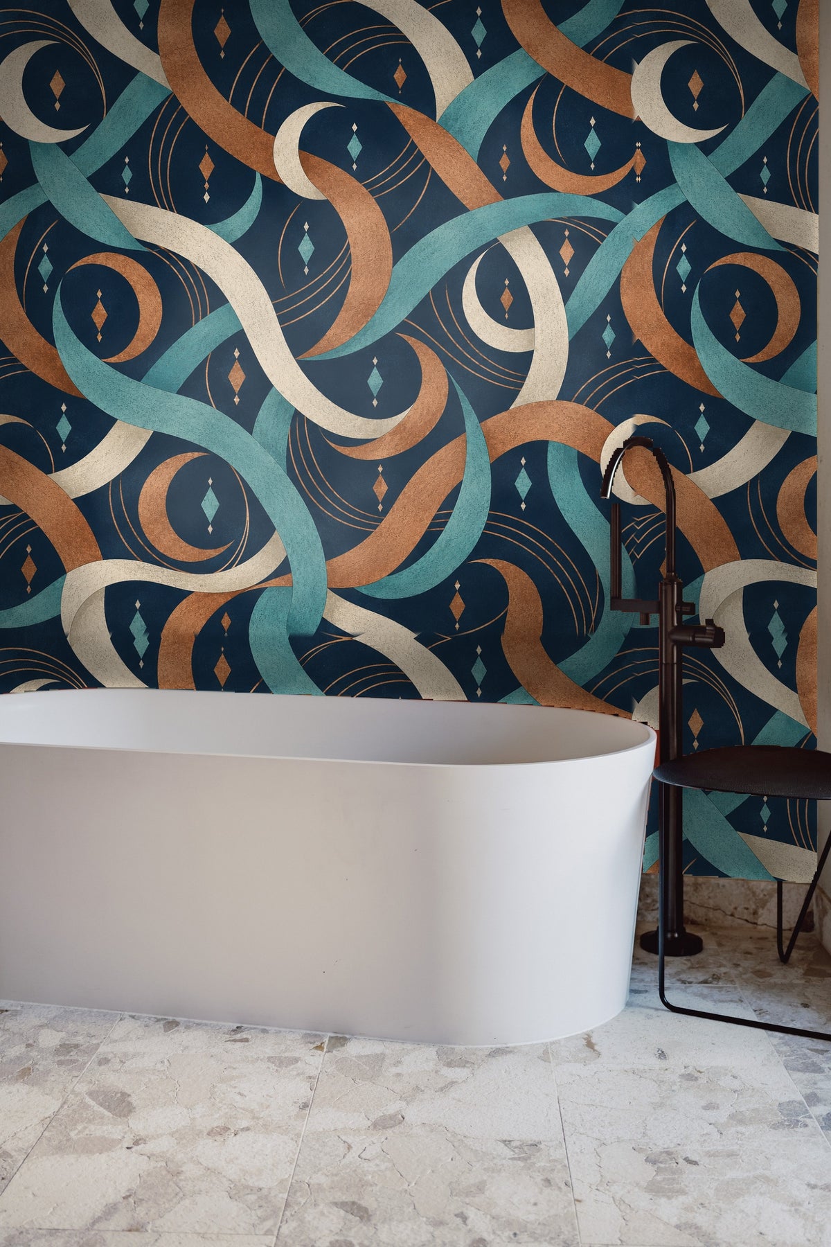 Curved lines and circular strokes interwoven with crescent shapes on wallpaper