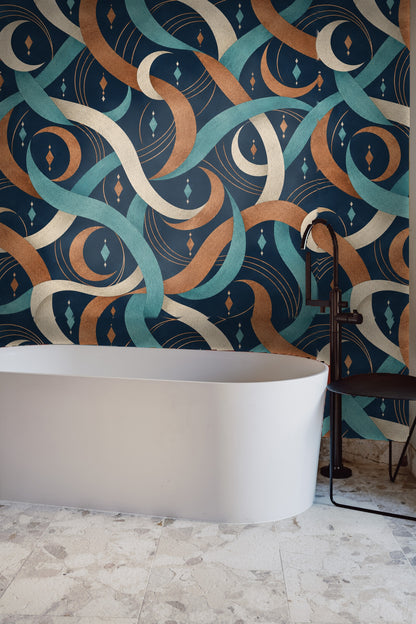 Curved lines and circular strokes interwoven with crescent shapes on wallpaper