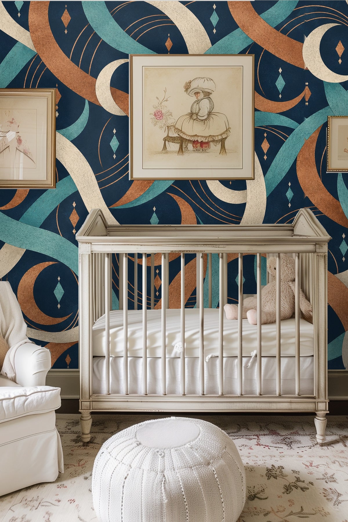 Copper and teal crescent ribbons wallpaper full repeat pattern close view