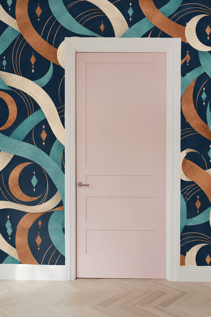 Contrast of warm copper and cool teal hues on high-contrast wallpaper