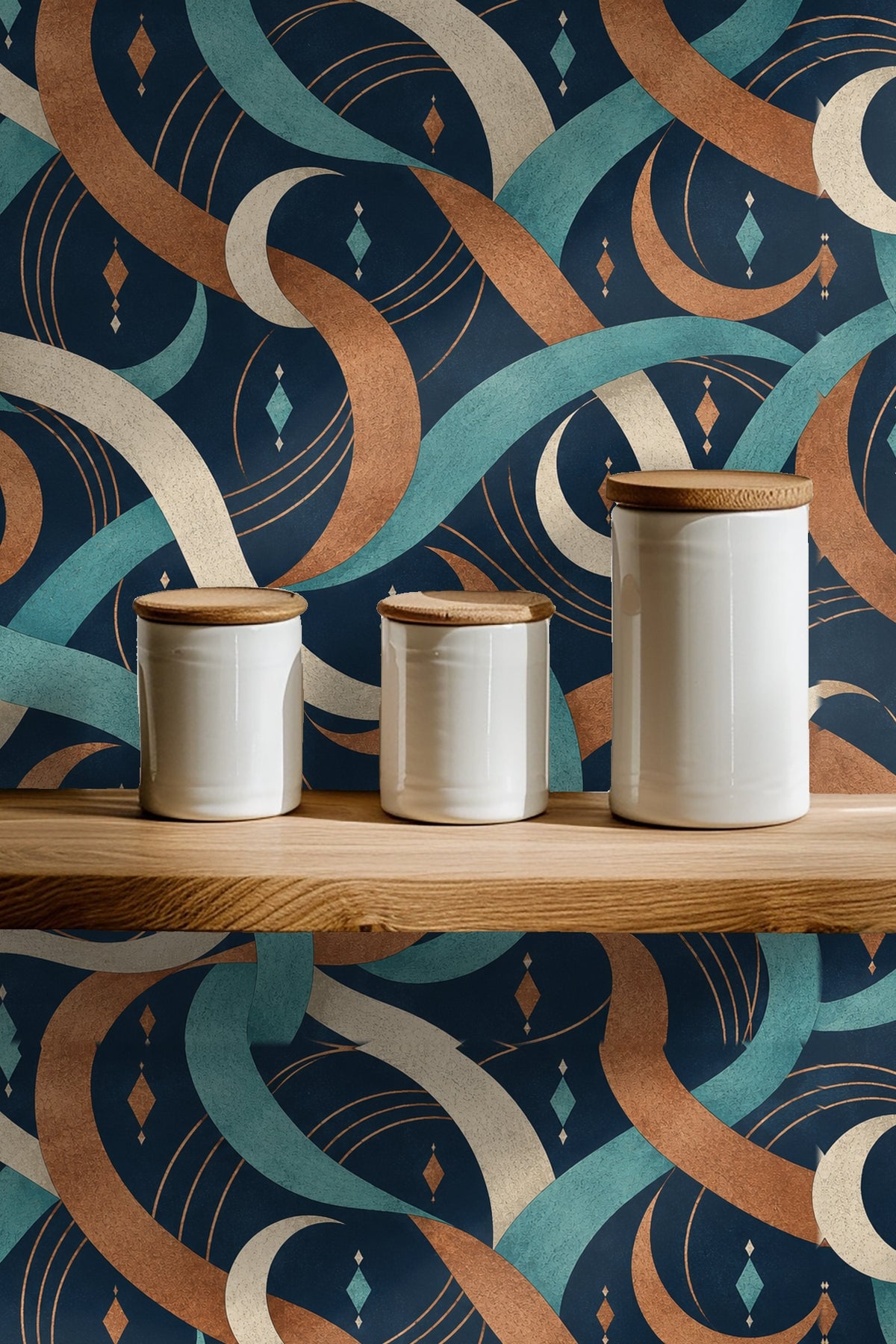 Textured finish visible on copper and teal ribbons wallpaper surface
