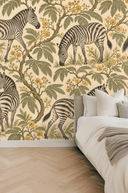 Zebra Mimosa Stroll wallpaper shown in an interior setting