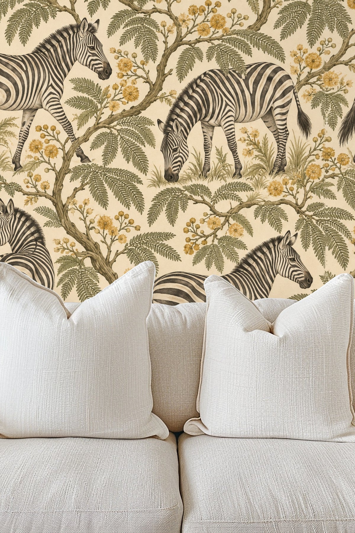Zebra Mimosa Stroll wallpaper shown in an interior setting