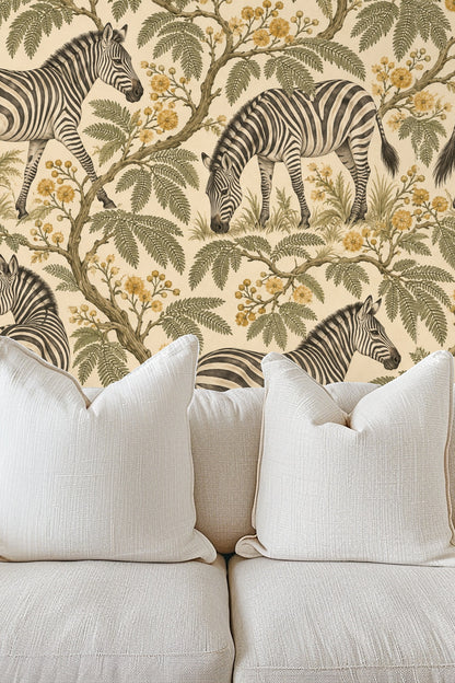 Zebra Mimosa Stroll wallpaper shown in an interior setting