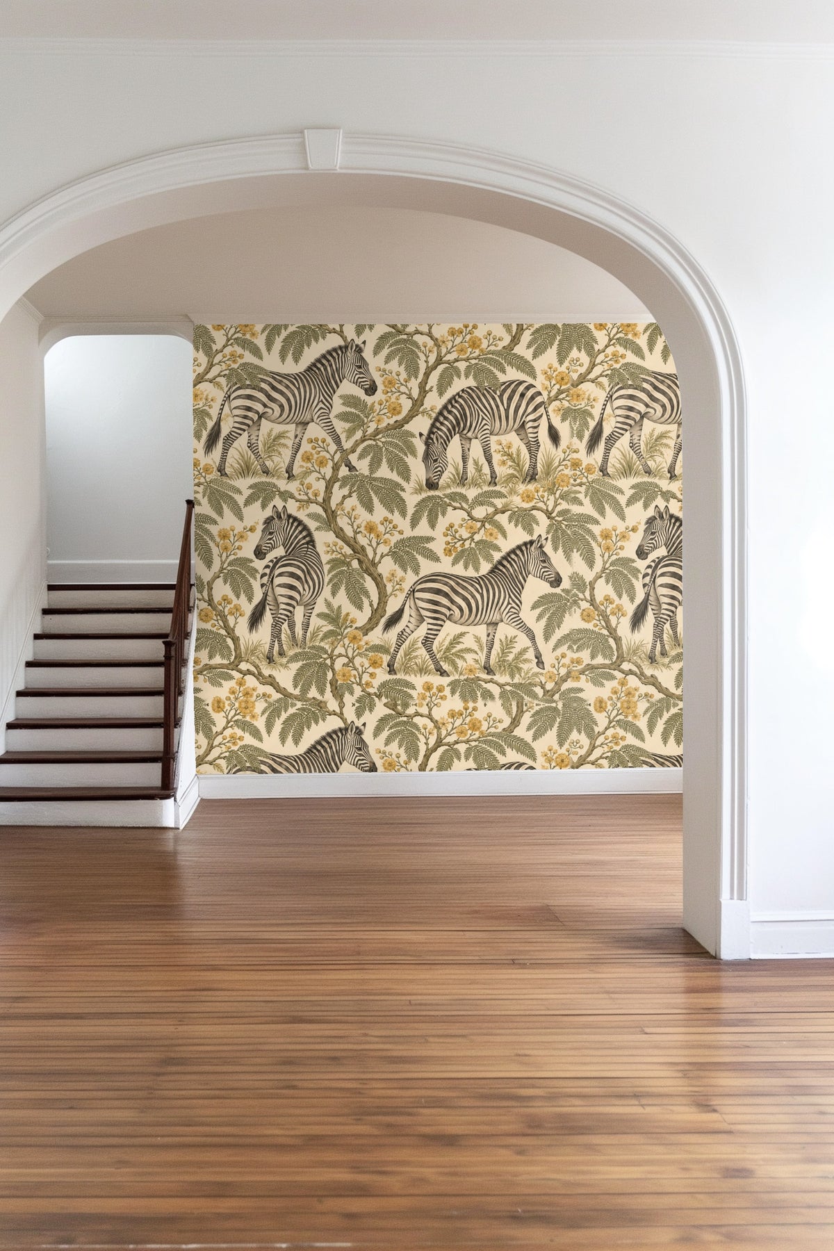 Zebra Mimosa Stroll wallpaper shown in an interior setting
