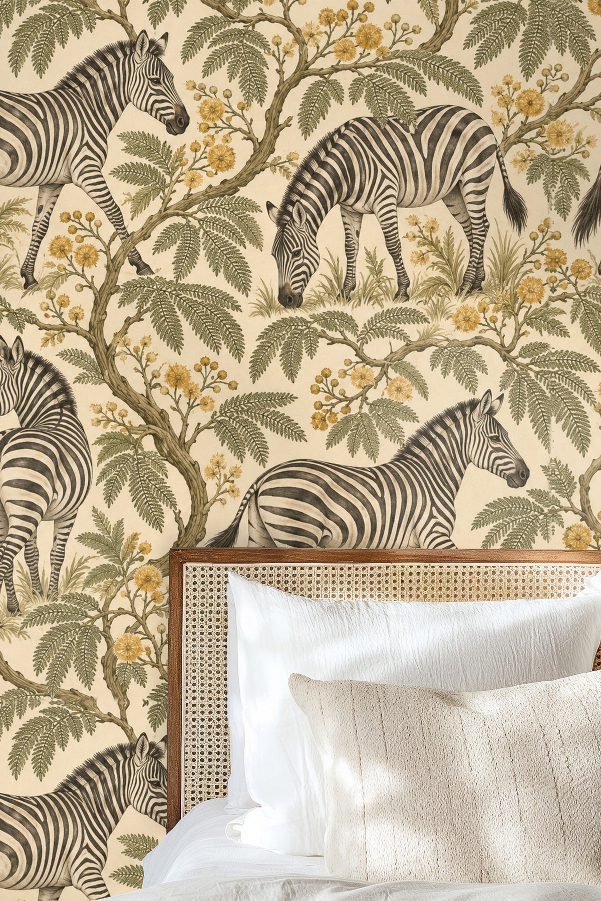 Zebra Mimosa Stroll wallpaper shown in an interior setting