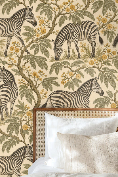 Zebra Mimosa Stroll wallpaper shown in an interior setting