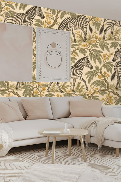 Zebra Mimosa Stroll wallpaper shown in an interior setting