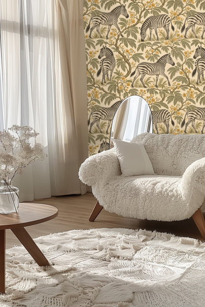 Peach-colored curved velvet headboard in front of the zebra mimosa wallpaper in a bedroom