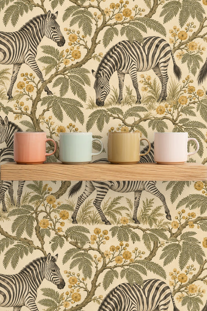 Zebra Mimosa Stroll wallpaper shown in an interior setting