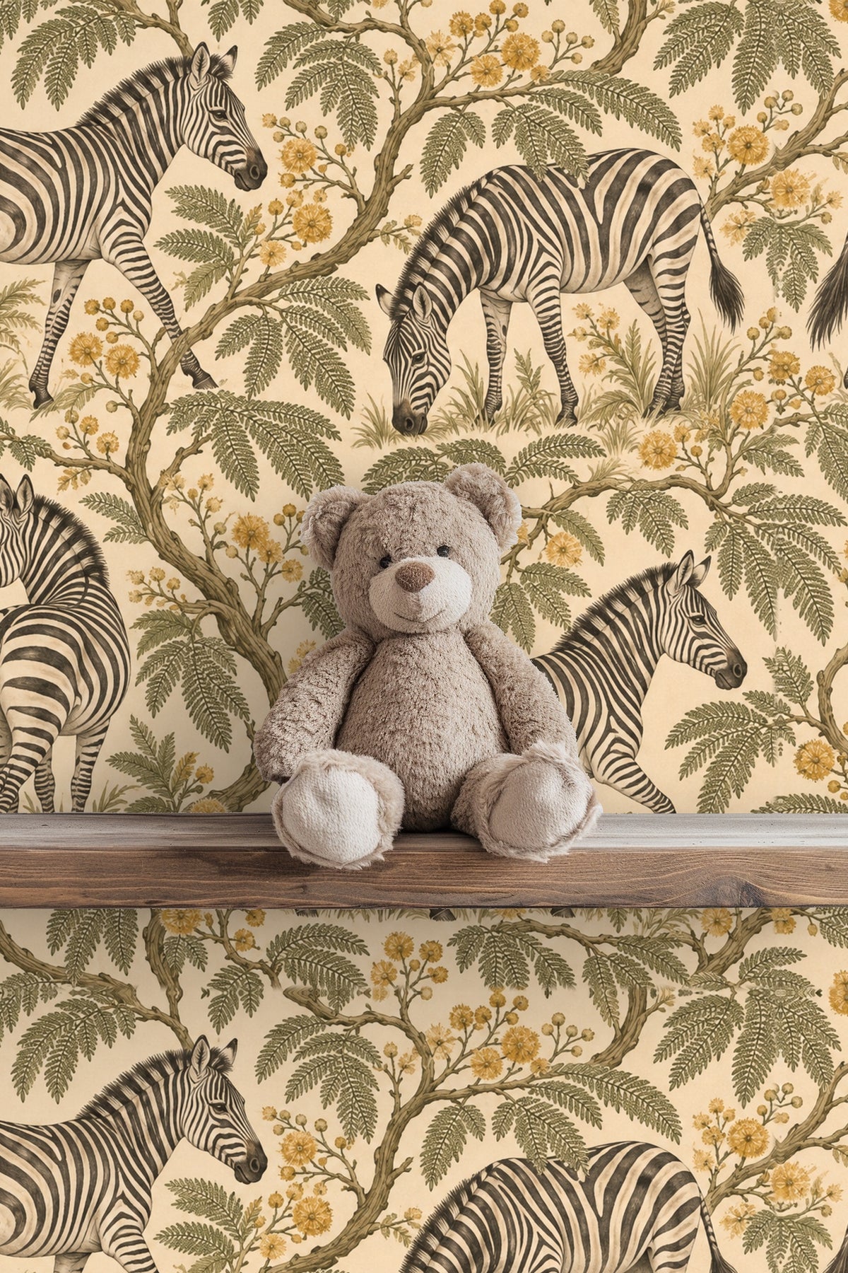 Zebra Mimosa Stroll wallpaper shown in an interior setting