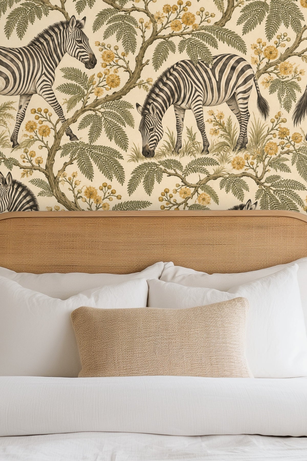 Zebra Mimosa Stroll wallpaper shown in an interior setting