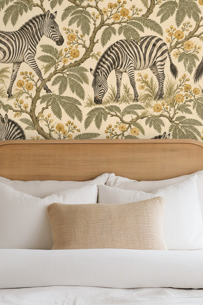 Zebra Mimosa Stroll wallpaper shown in an interior setting