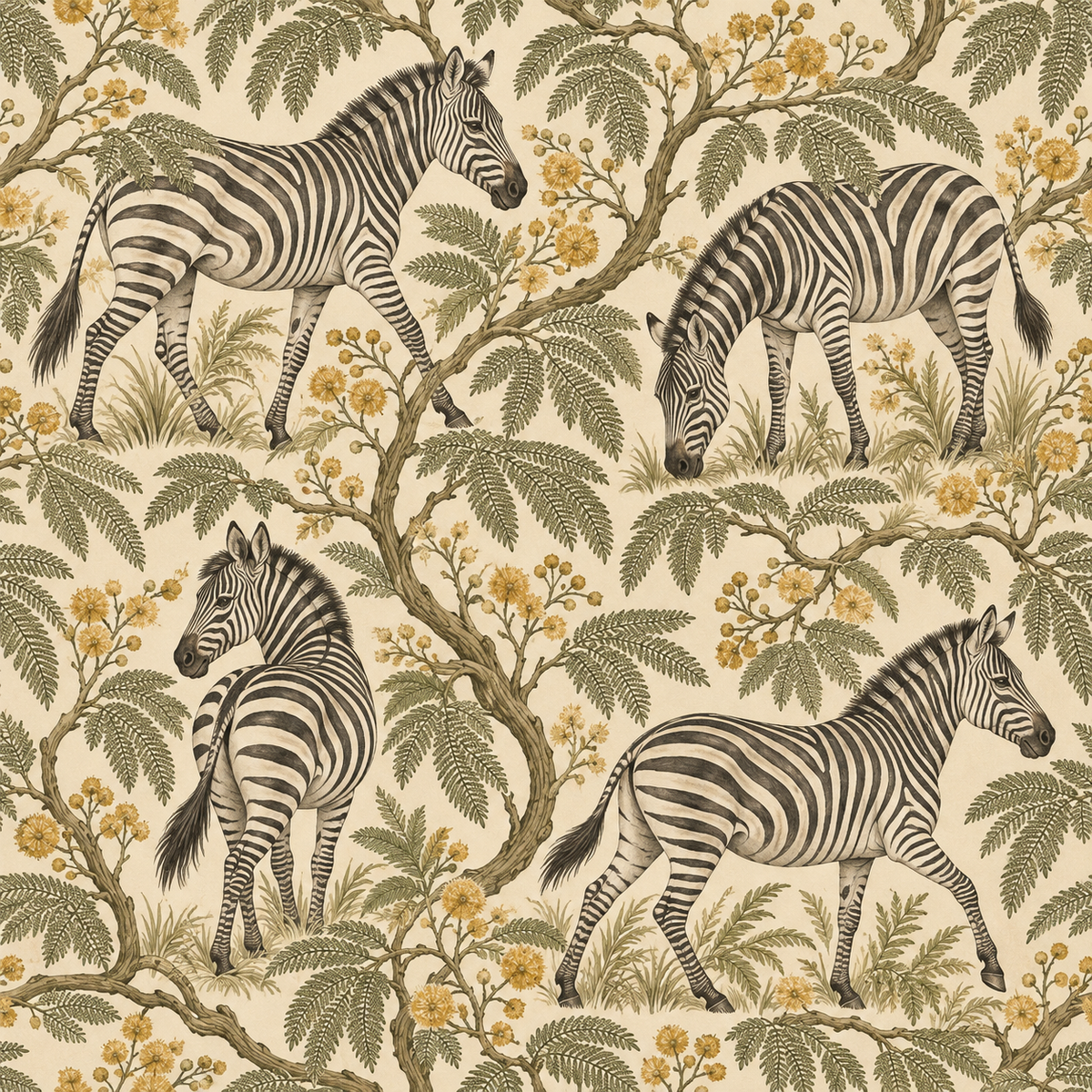 Zebra Mimosa Stroll wallpaper shown in an interior setting