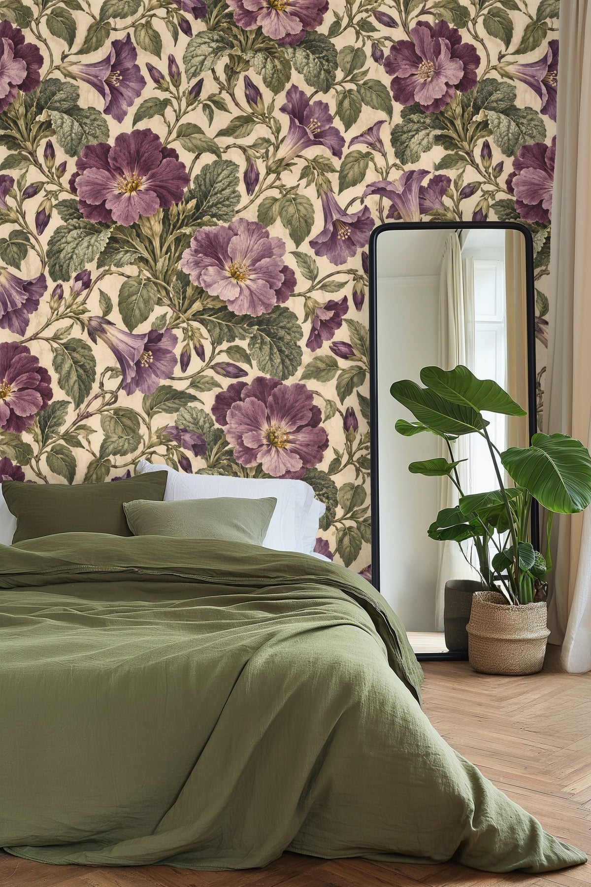 Bedroom featuring velvet streptocarpus wallpaper with large purple flowers, green bedding, and a full-length mirror