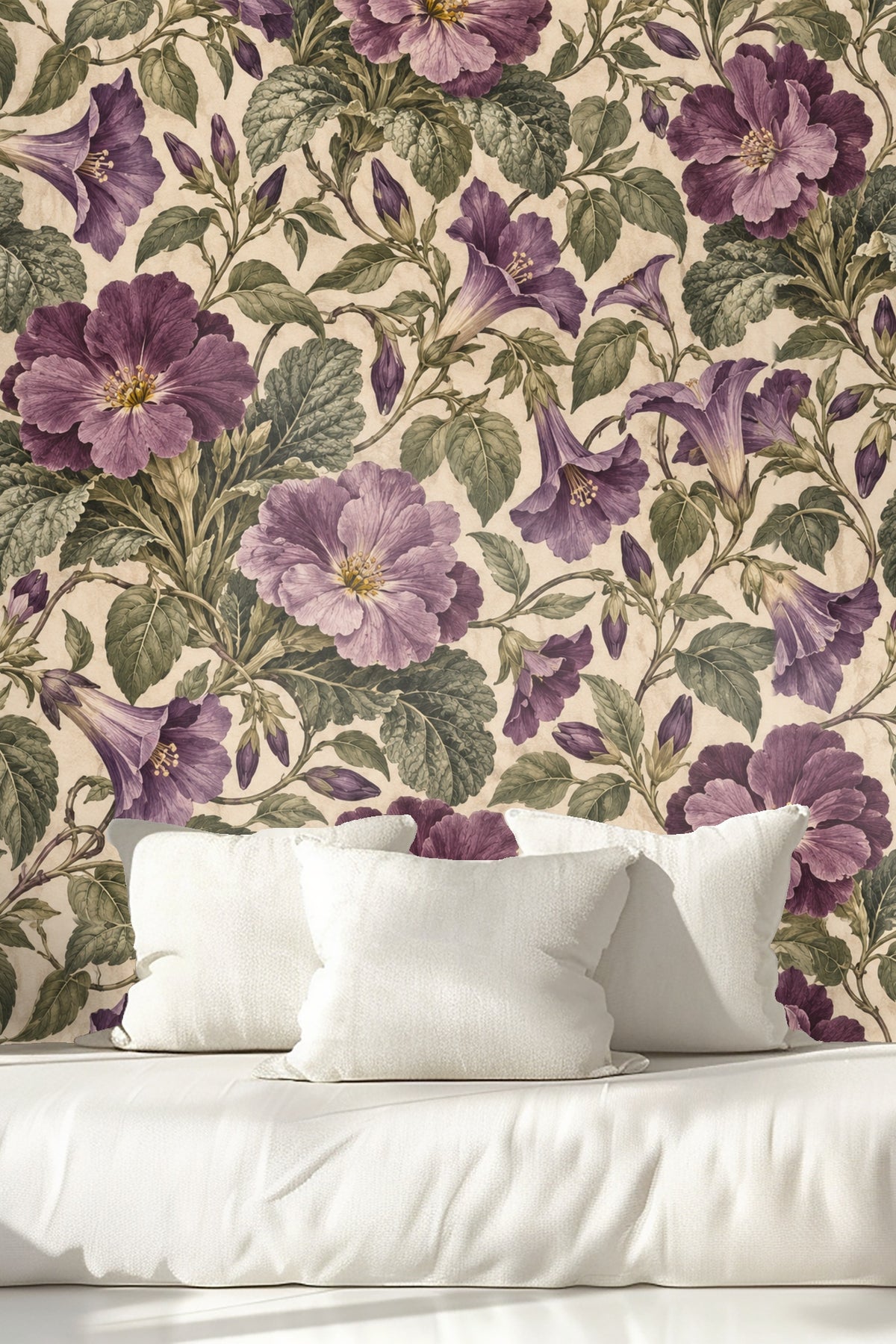 Close-up of botanical wallpaper showing velvet streptocarpus flowers in purples and greens
