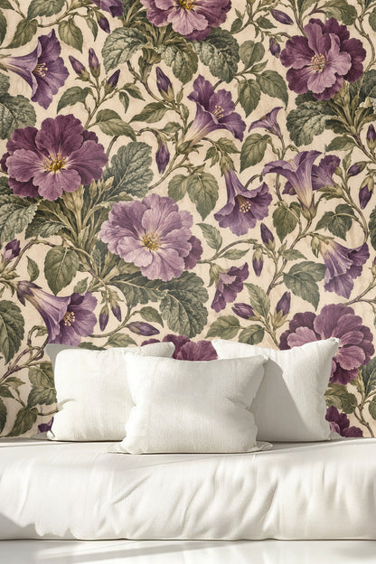 Close-up of botanical wallpaper showing velvet streptocarpus flowers in purples and greens