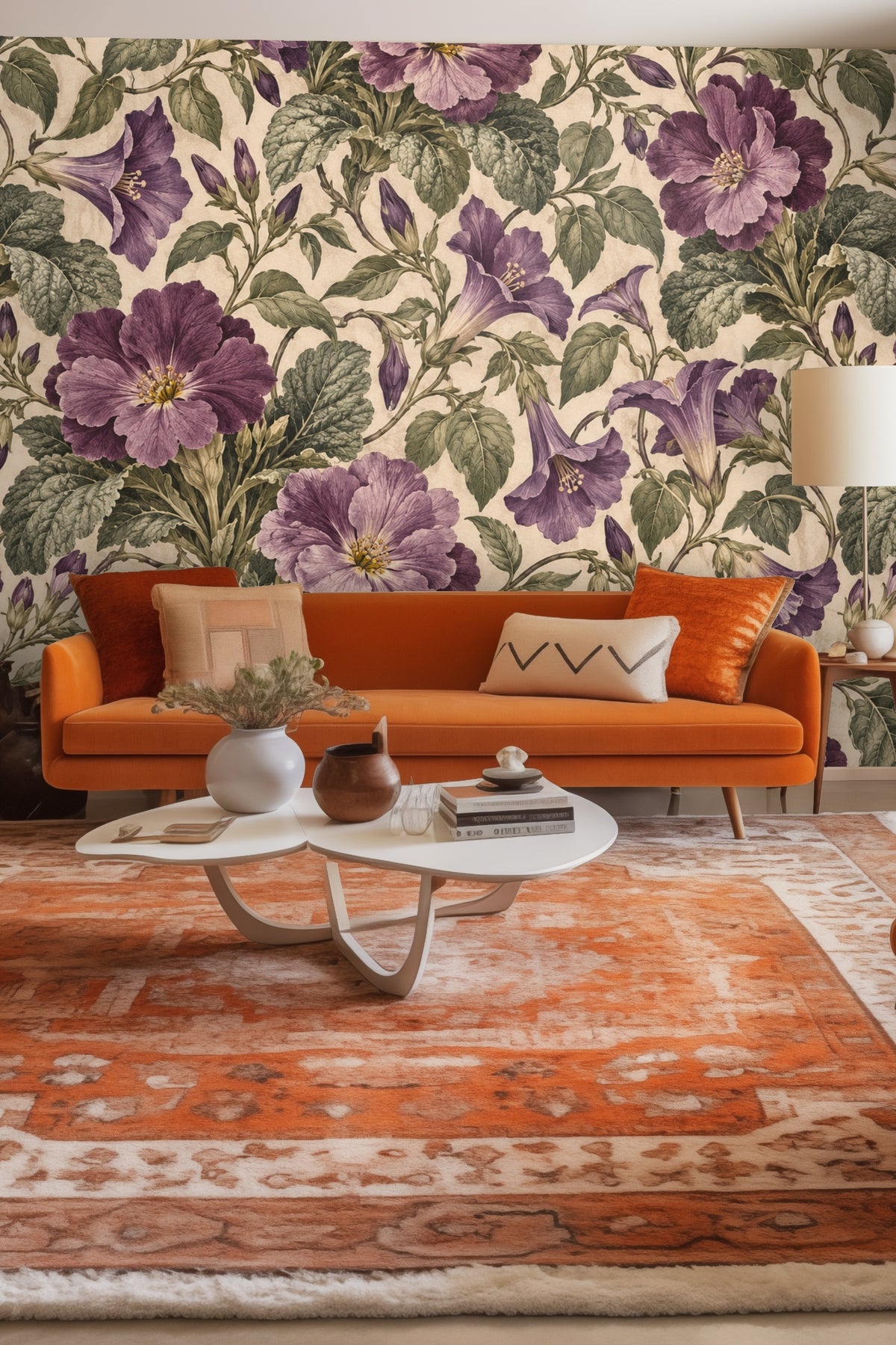 Living room with large-scale velvet streptocarpus wallpaper behind an orange sofa and patterned rug