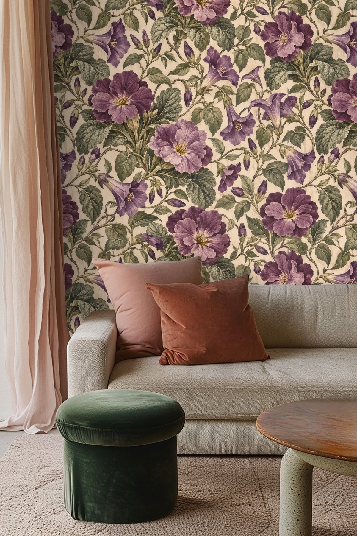 Wallpaper pattern repeating showing intertwined stems and leaves