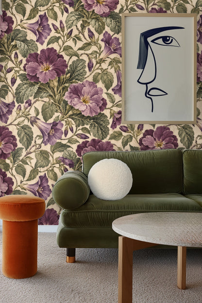 Muted cream background with subtle textural effect supporting floral motifs