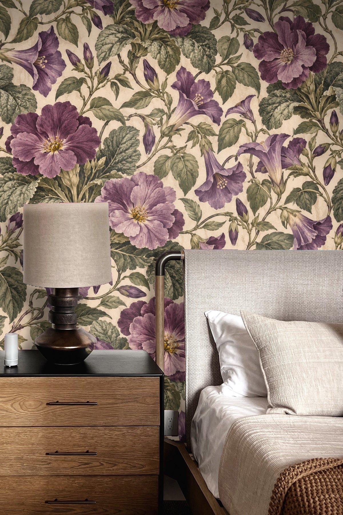 Room view capturing the wallpaper’s naturalistic floral detail and soft cream background