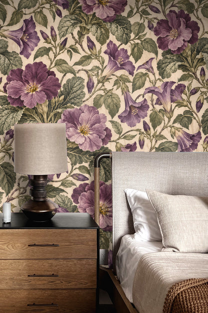 Room view capturing the wallpaper’s naturalistic floral detail and soft cream background