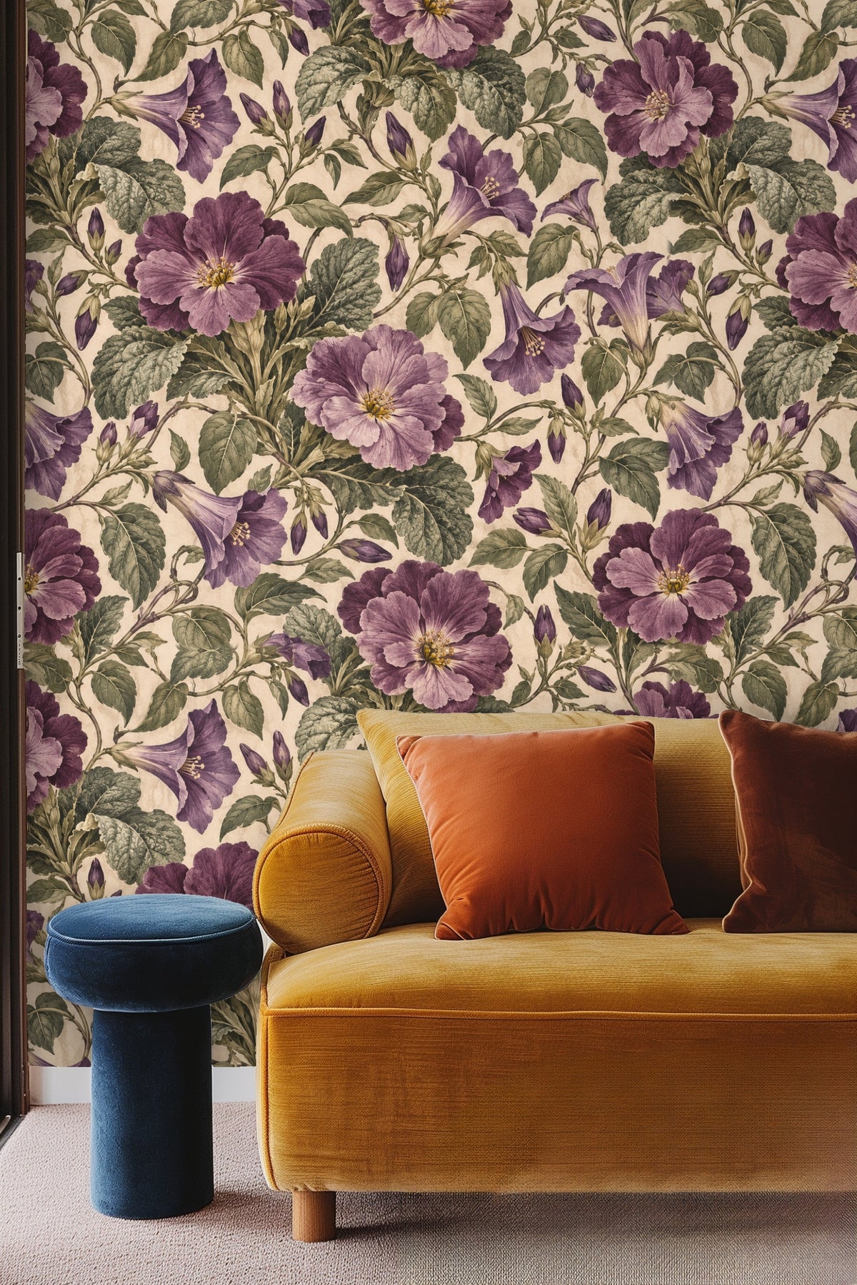 Arrangement of violet bell-shaped flowers along twisting branches