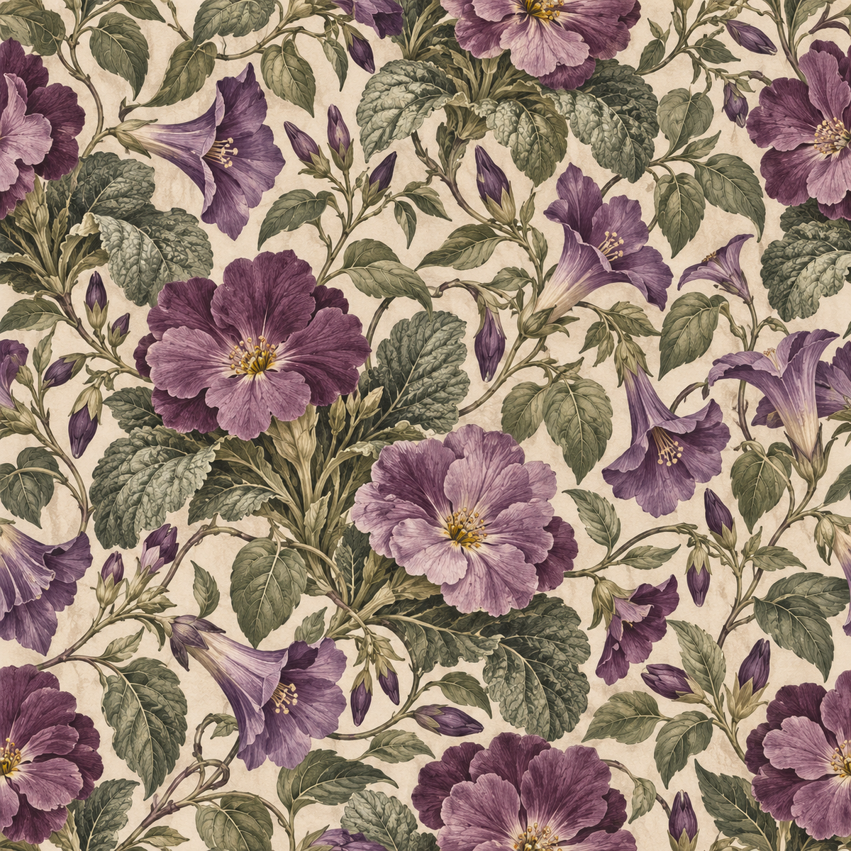 Overall wallpaper pattern showcasing an elegant vintage botanical aesthetic