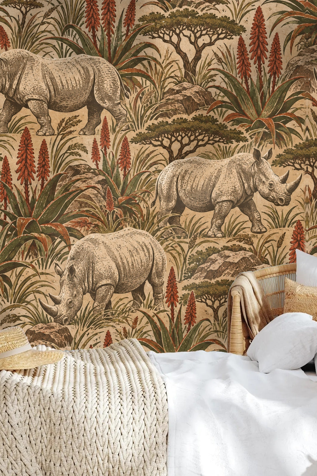 Wallpaper scene showing three rhinos positioned at different angles with surrounding flora