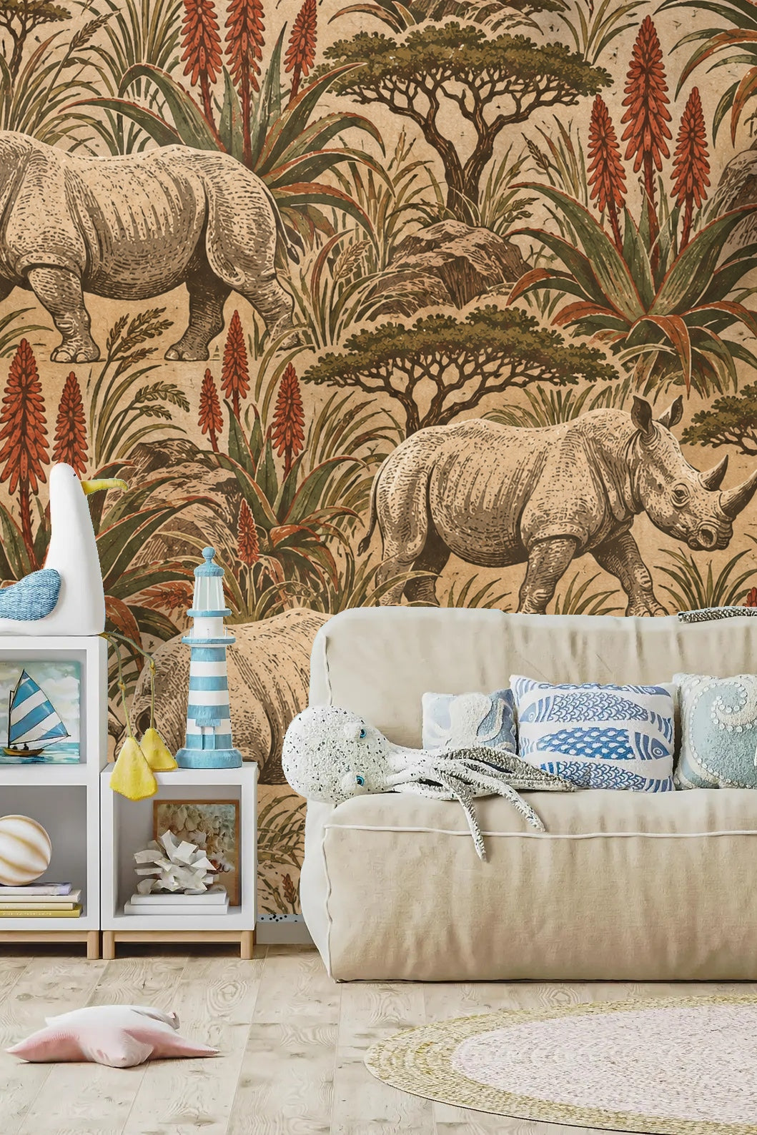 Pattern repeat showing rhinos, aloes, acacia trees, and grassy textures