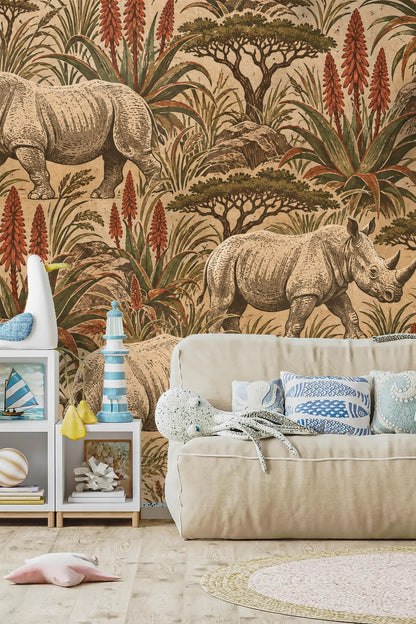 Pattern repeat showing rhinos, aloes, acacia trees, and grassy textures