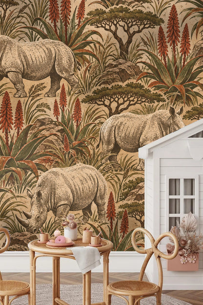 Wallpaper pattern showing a procession of rhinos walking through rust-colored aloe and greenery