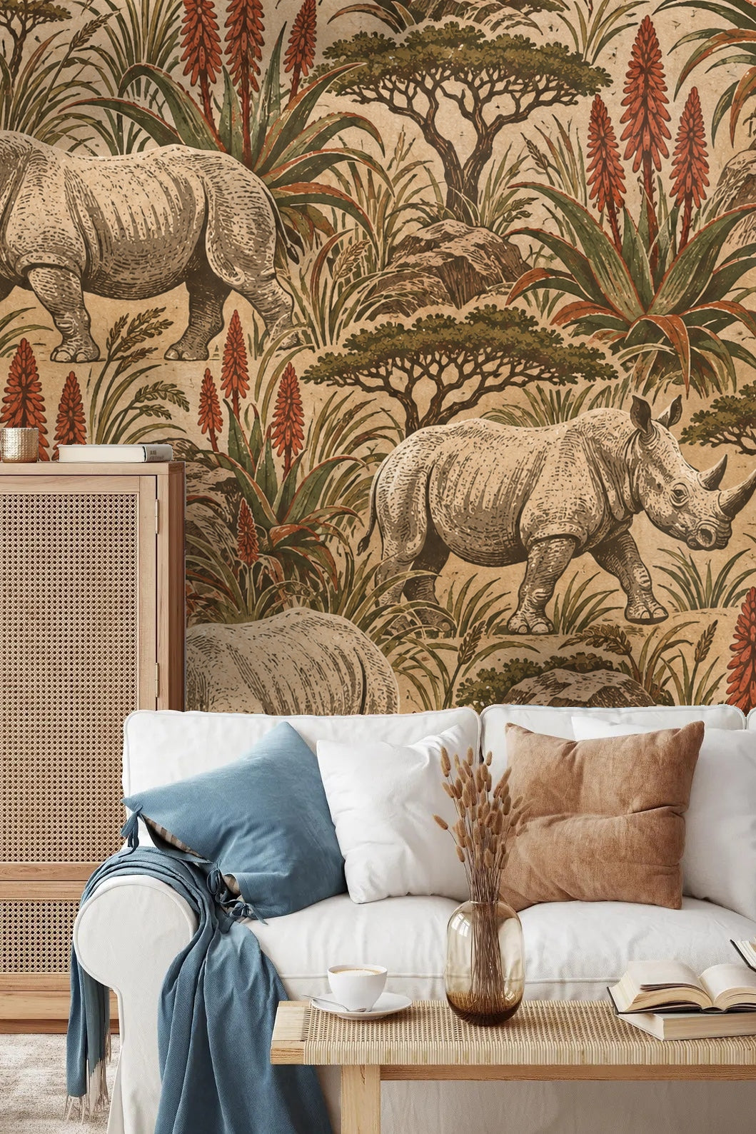 Rhino wallpaper pattern detail showing layered aloe plants and acacia trees