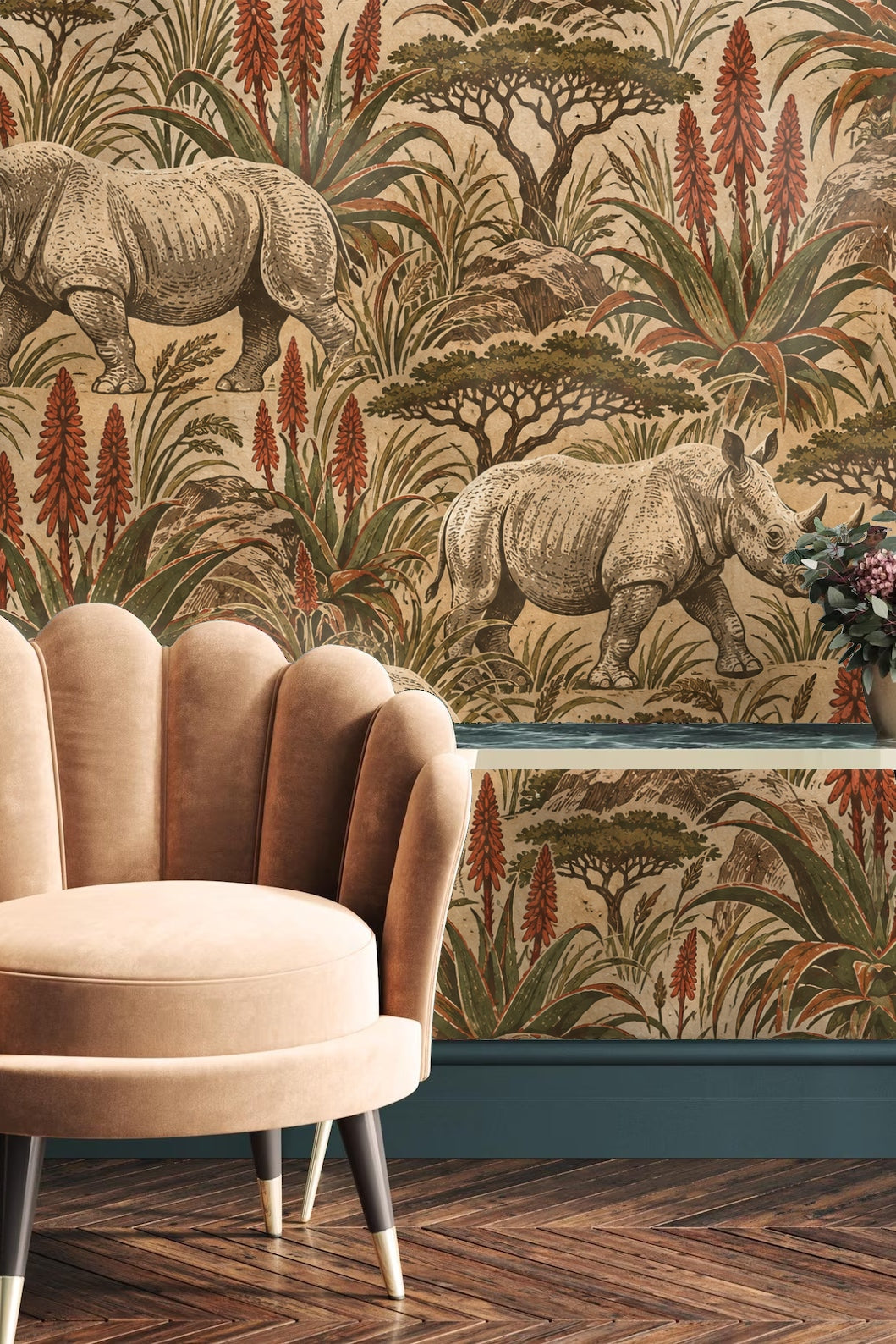 Full wallpaper view in a cozy reading corner setting with natural wood and soft textiles