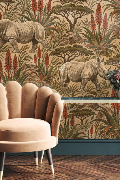 Full wallpaper view in a cozy reading corner setting with natural wood and soft textiles