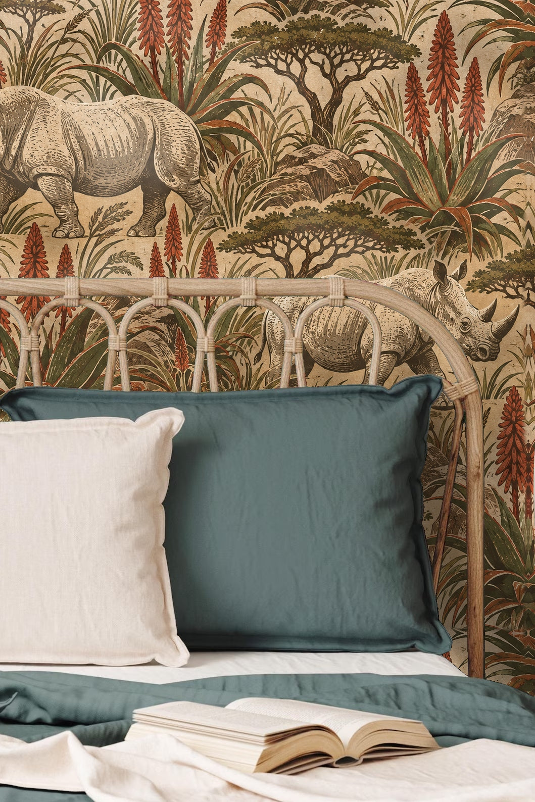 Close-up detail of the intricate rhino engraving on wallpaper with botanical elements