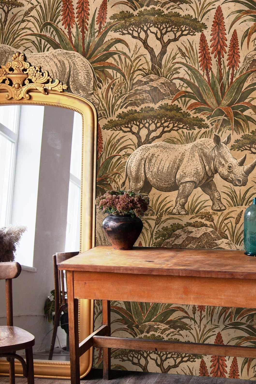 Graphic wallpaper print with natural tones of beige, rust, and green featuring rhinos