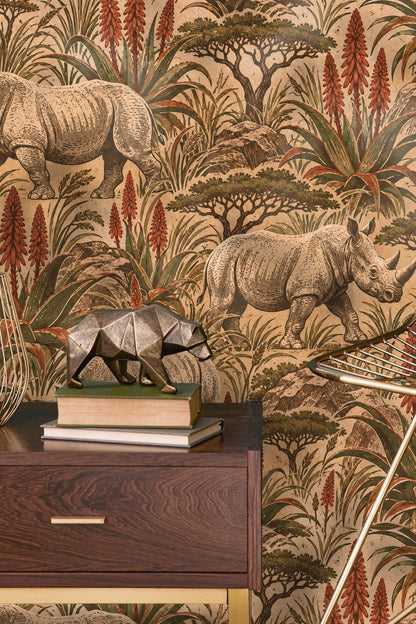 Rustic wooden furniture topped with white jug against rhino and plant patterned wallpaper