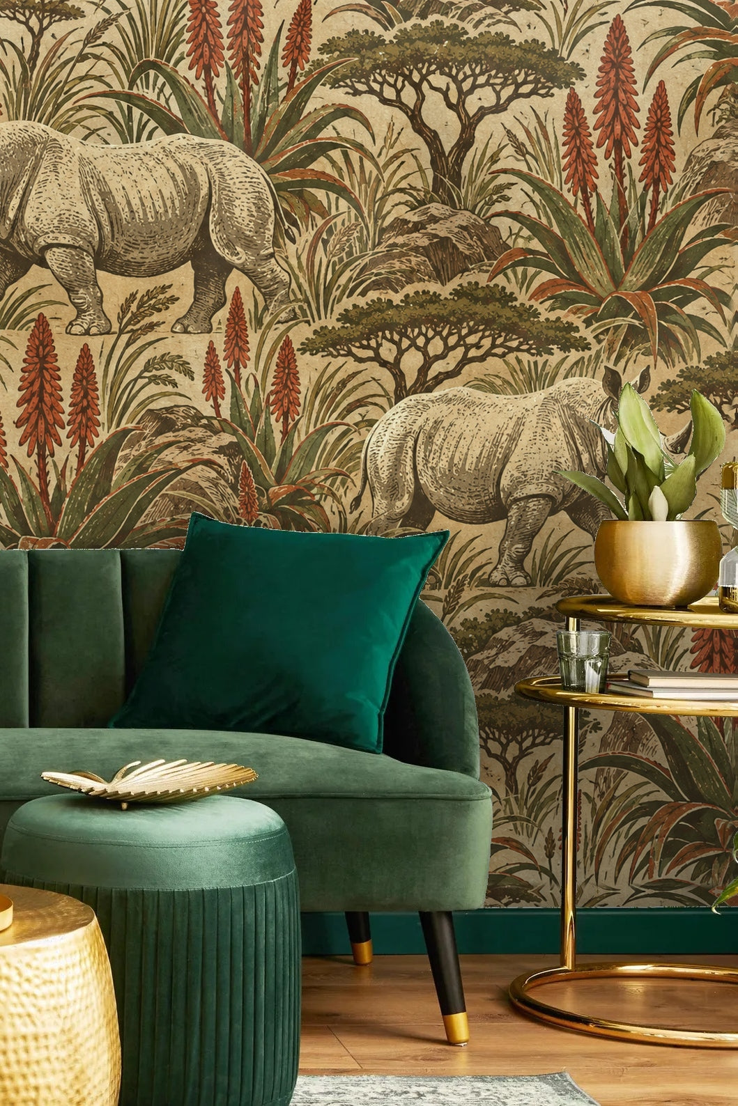 Close-up vintage style illustration of a rhinoceros among tall aloe plants and trees