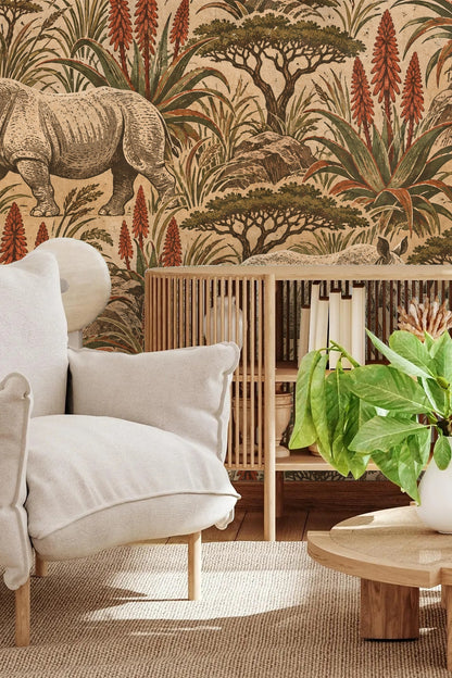 Detailed botanical elements in the wallpaper pattern including tall aloe clusters