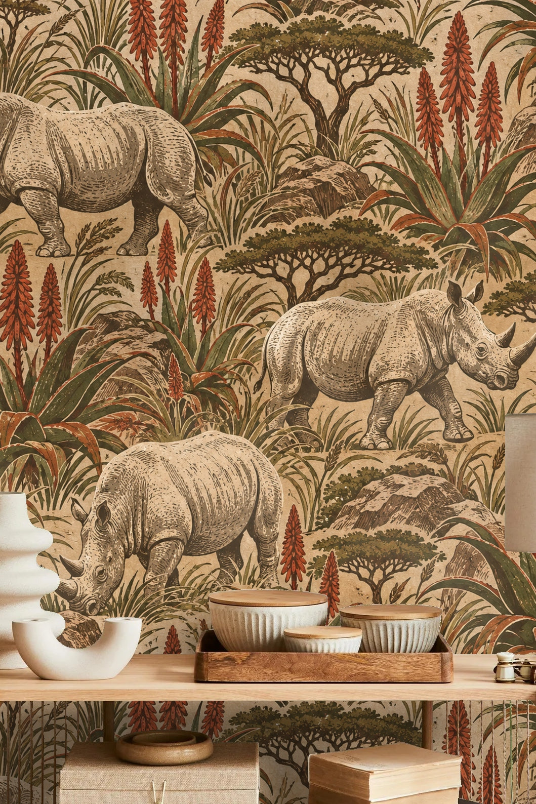 Elegant rhino illustration with detailed line work and shading on wallpaper