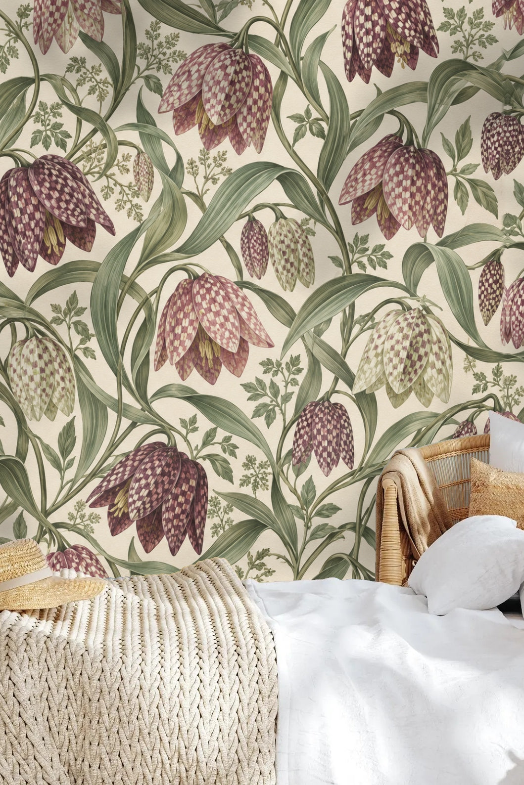 Playroom with fritillary lantern chain wallpaper decorated with wooden furniture and white dollhouse