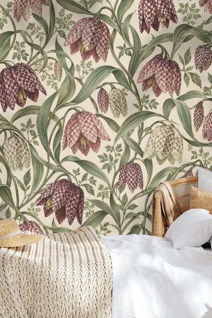 Playroom with fritillary lantern chain wallpaper decorated with wooden furniture and white dollhouse